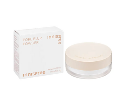 Innisfree Pore Blur Powder shown with its white product box and a round clear jar with a beige lid on a white background.