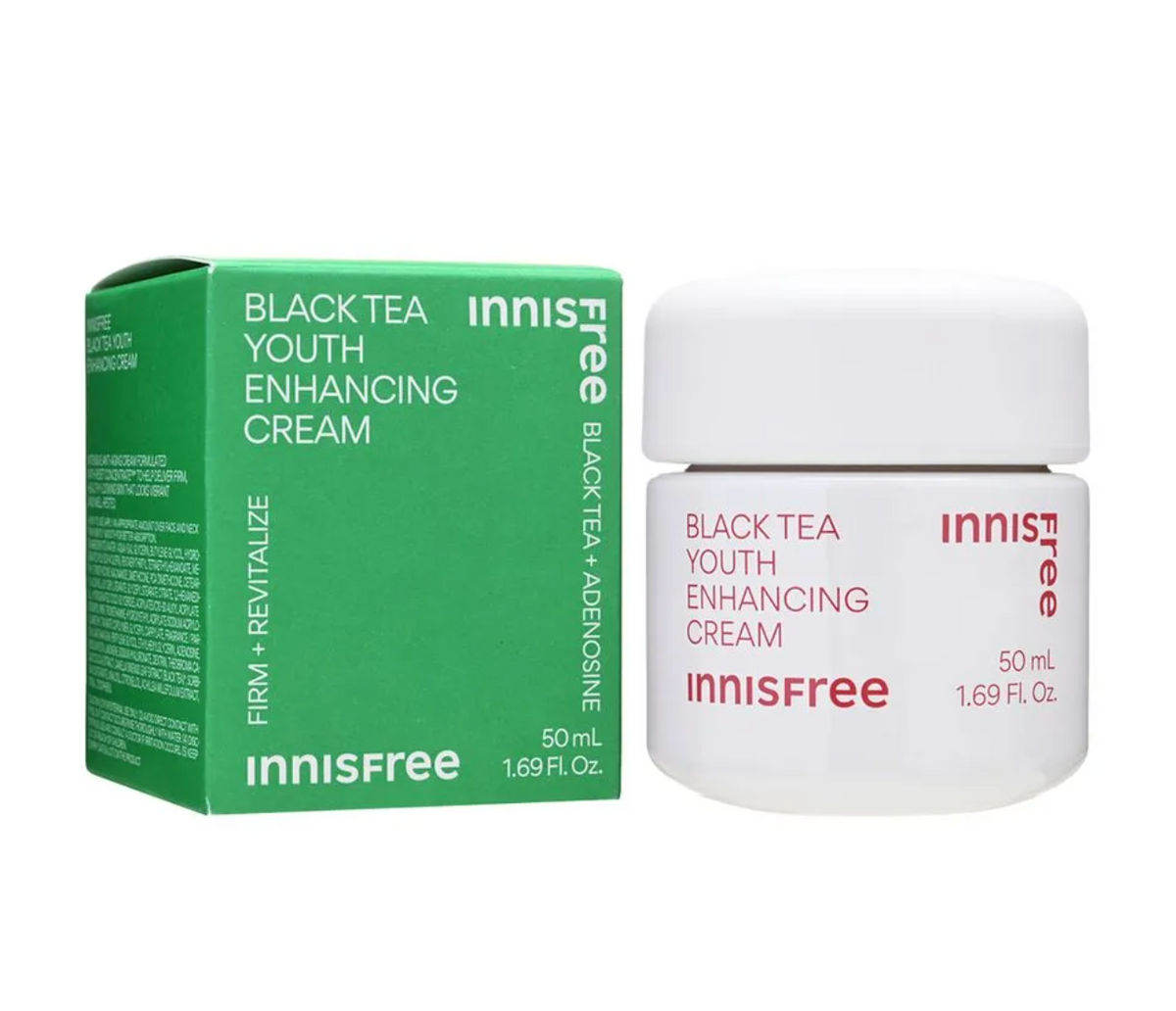 Innisfree Black Tea Youth Enhancing Cream shown with its green product box and white jar on a plain white background.