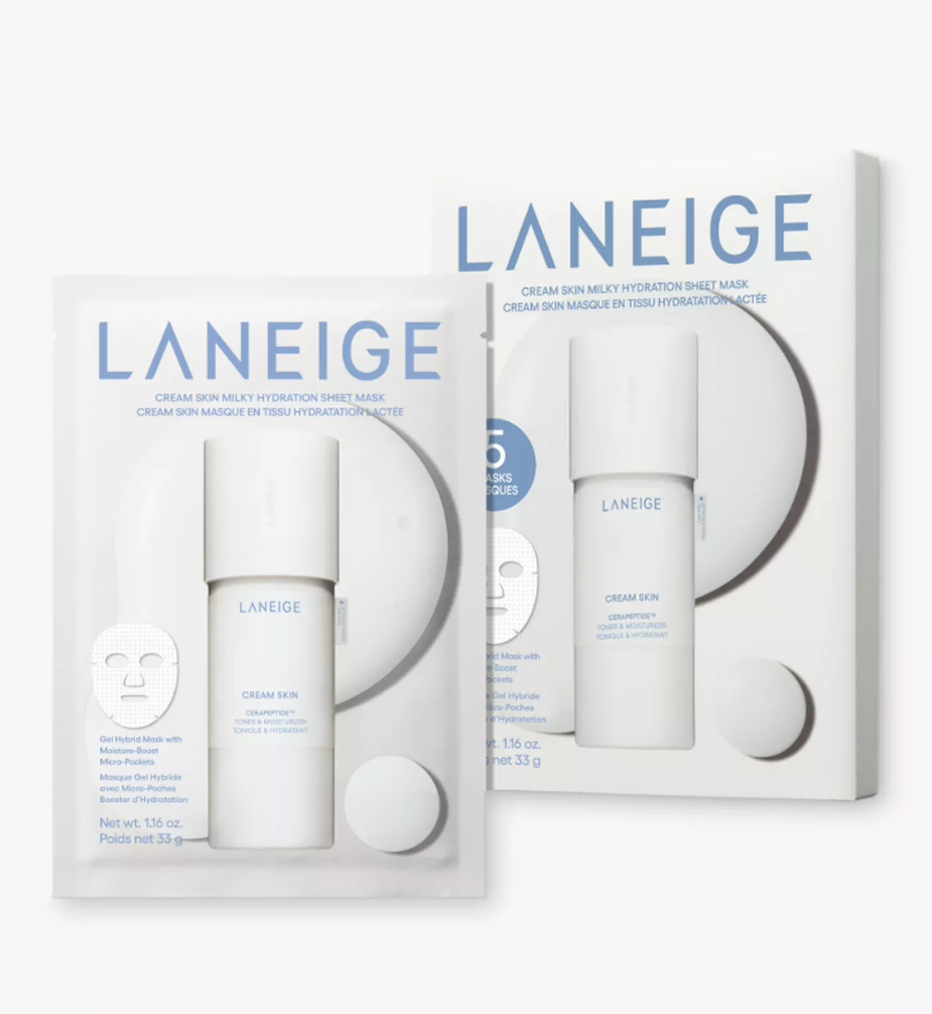LANEIGE Cream Skin Milky Hydration Sheet Mask set, featuring two white skincare tubes with blue text inside a white circular window box, alongside two matching retail boxes on a clean white background.