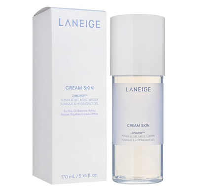 Laneige Cream Skin Toner & Gel Moisturizer shown with its white packaging box and clear bottle containing pale blue liquid, on a white background.