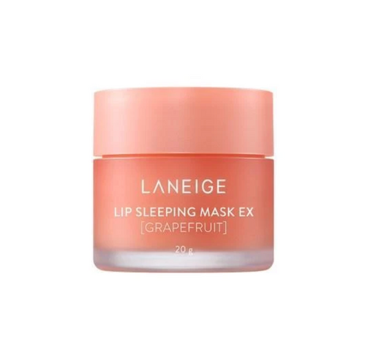 LANEIGE Lip Sleeping Mask EX (Grapefruit) in a 20g jar, featuring a peachy-pink color with a matching lid on a white background.