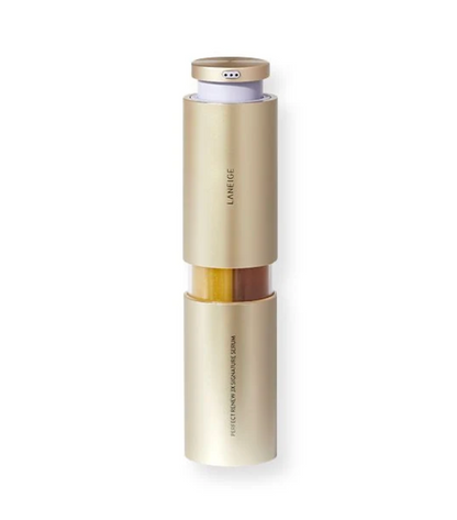 LANEIGE Serum in a sleek, metallic gold cylindrical tube with a clear window showing the golden serum inside, set against a plain white background.