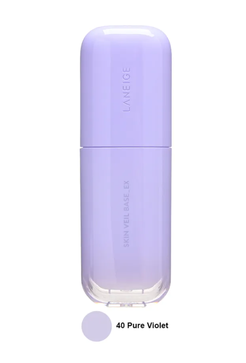 LANEIGE Skin Veil Base EX in the shade 40 Pure Violet, shown in a translucent lavender purple bottle with a matching cap, on a white background with a color swatch below.