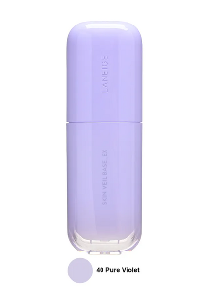 LANEIGE Skin Veil Base EX in the shade 40 Pure Violet, shown in a translucent lavender purple bottle with a matching cap, on a white background with a color swatch below.