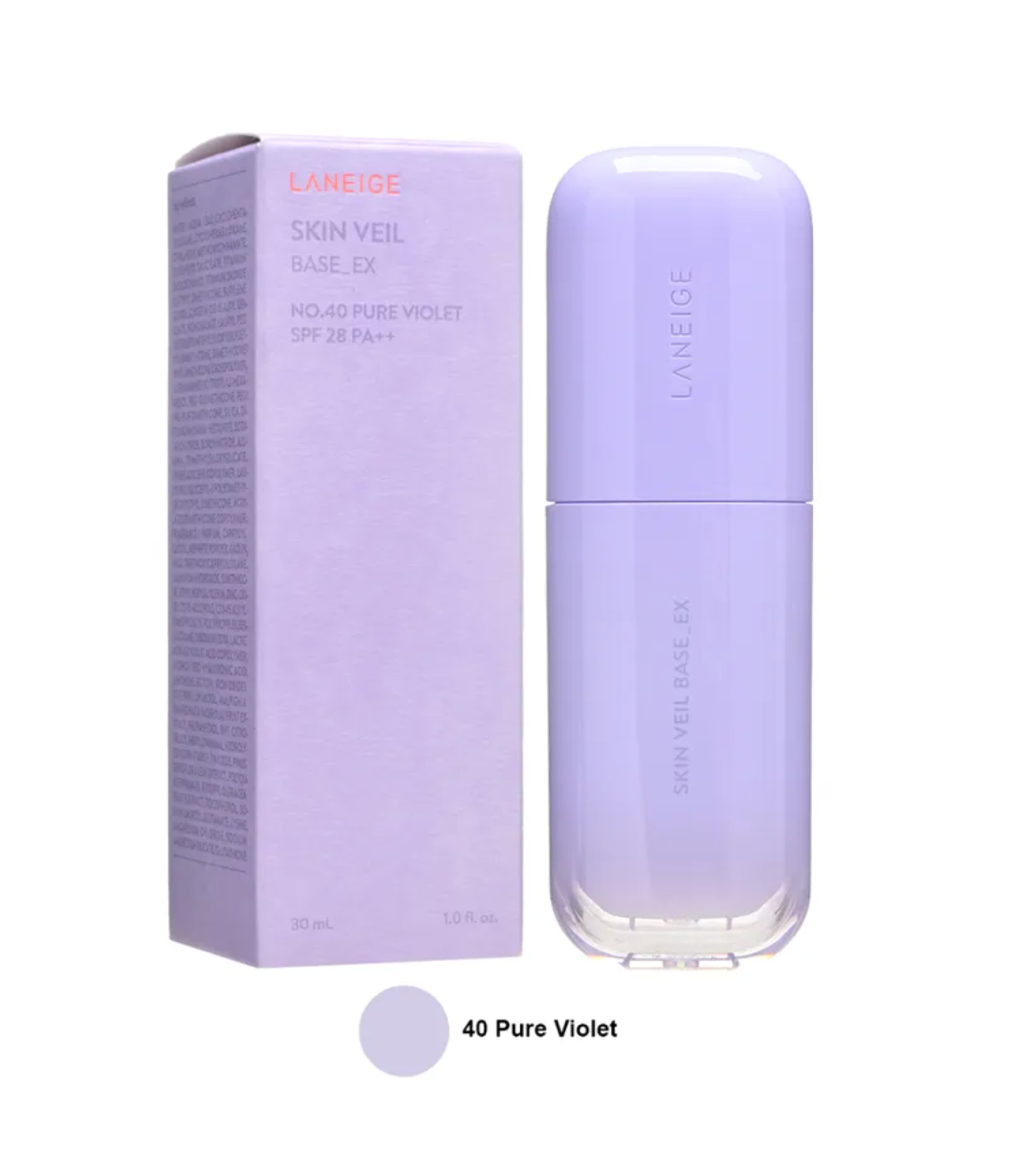 LANEIGE Skin Veil Base EX NO.40 Pure Violet SPF 28 PA++ shown as a lavender pump bottle next to its matching purple packaging box, with a color swatch circle labeled '40 Pure Violet' below.