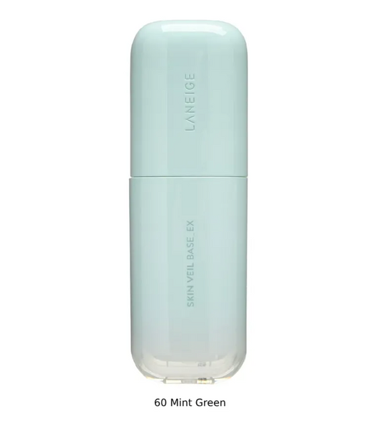 LANEIGE Skin Veil Base EX in a mint green translucent bottle with a matching cap, shown on a white background with the text '60 Mint Green' below.