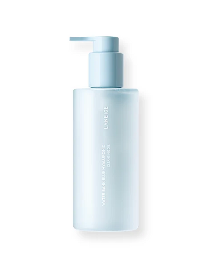 LANEIGE Water Bank Blue Hyaluronic Cleansing Milk in a frosted light blue bottle with a matching pump dispenser, shown on a clean white background.