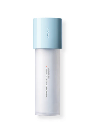 LANEIGE Water Bank Blue Hyaluronic Essence Toner in a frosted white cylindrical bottle with a light blue cap, shown on a clean white background.
