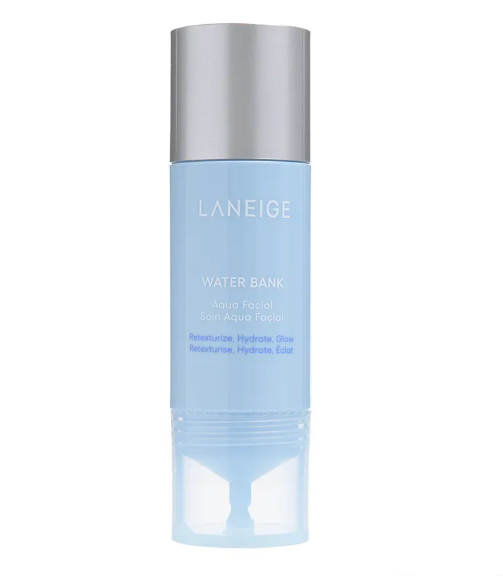 LANEIGE Water Bank Aqua Facial skin toner in a light blue cylindrical bottle with a metallic silver cap, shown on a solid white background.