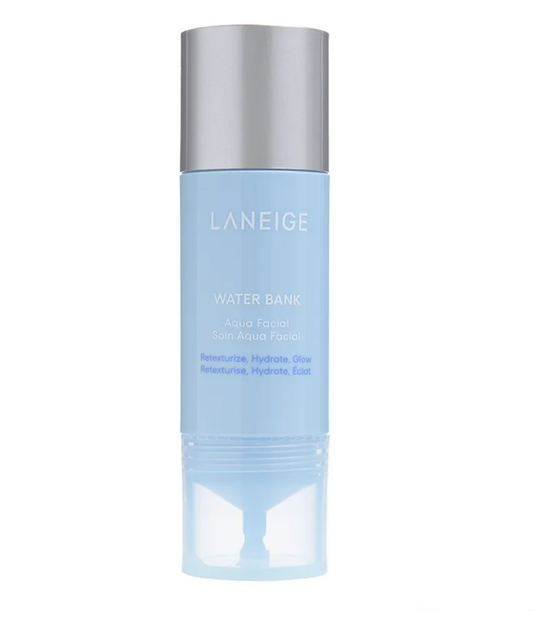 LANEIGE Water Bank Aqua Facial skin toner in a light blue cylindrical bottle with a metallic silver cap, shown on a solid white background.