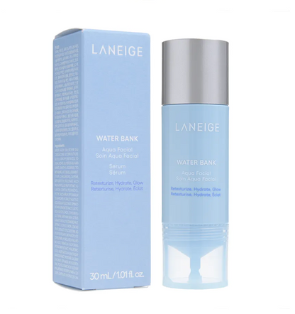 Laneige Water Bank Aqua Facial Serum 30 mL bottle next to its light blue packaging box on a white background.