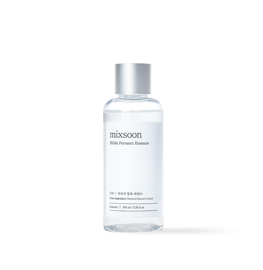 A clear plastic bottle of mixsoon Bifida Ferment Essence with a metallic silver cap, centered on a clean white background.