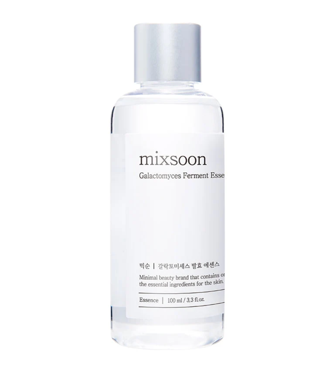 A 100 ml clear bottle of Mixsoon Galactomyces Ferment Essence with a silver cap and white label, set against a plain white background.