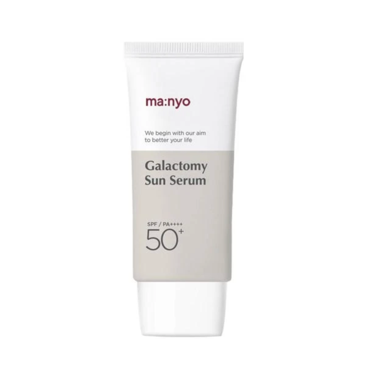 A white squeeze tube of ma:nyo Galactomy Sun Serum SPF 50+ with a light gray label panel, shown against a plain white background.