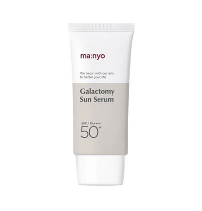 A white squeeze tube of ma:nyo Galactomy Sun Serum SPF 50+ with a light gray label panel, shown against a plain white background.