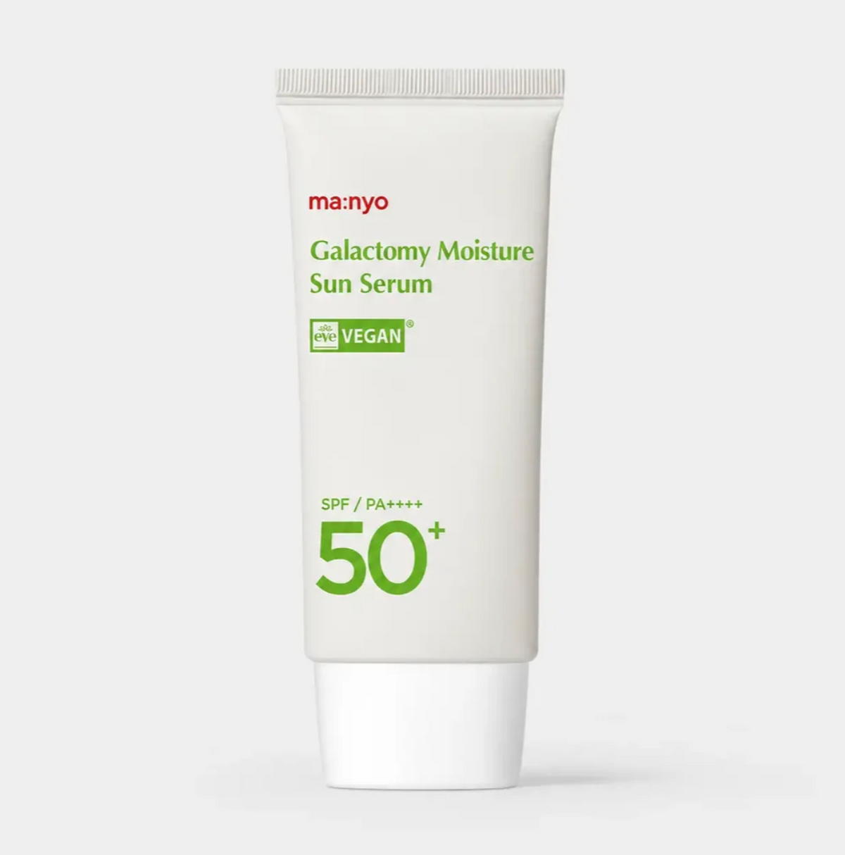 A white squeeze tube of ma:nyo Galactomy Moisture Sun Serum SPF 50+ with green and red text, set against a light gray background.
