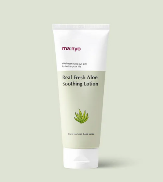 A white squeeze tube of ma:nyo Real Fresh Aloe Soothing Lotion with a light sage green lower section, centered on a solid sage green background.