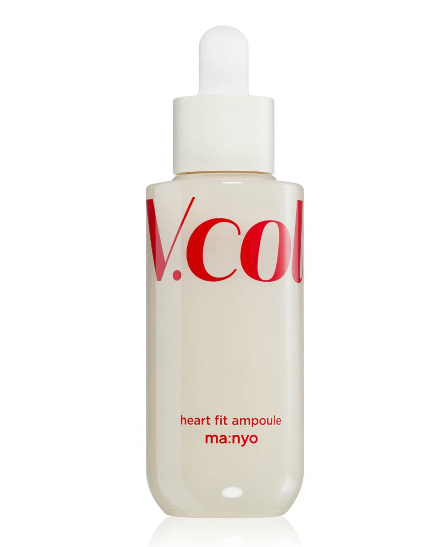 A frosted glass dropper bottle of V.col heart fit ampoule by ma:nyo, featuring a translucent off-white body and a white dropper cap, with bold red branding on the front.