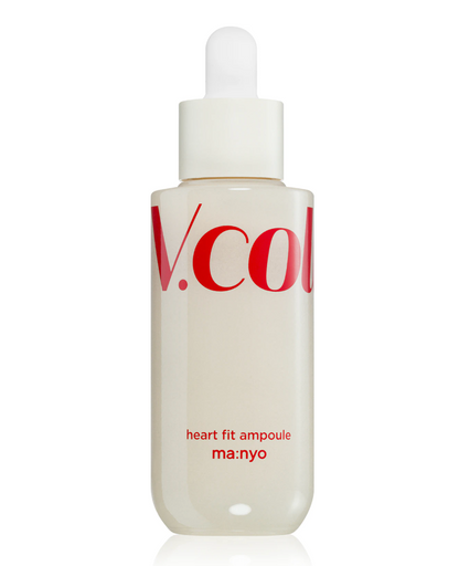 A frosted glass dropper bottle of V.col heart fit ampoule by ma:nyo, featuring a translucent off-white body and a white dropper cap, with bold red branding on the front.