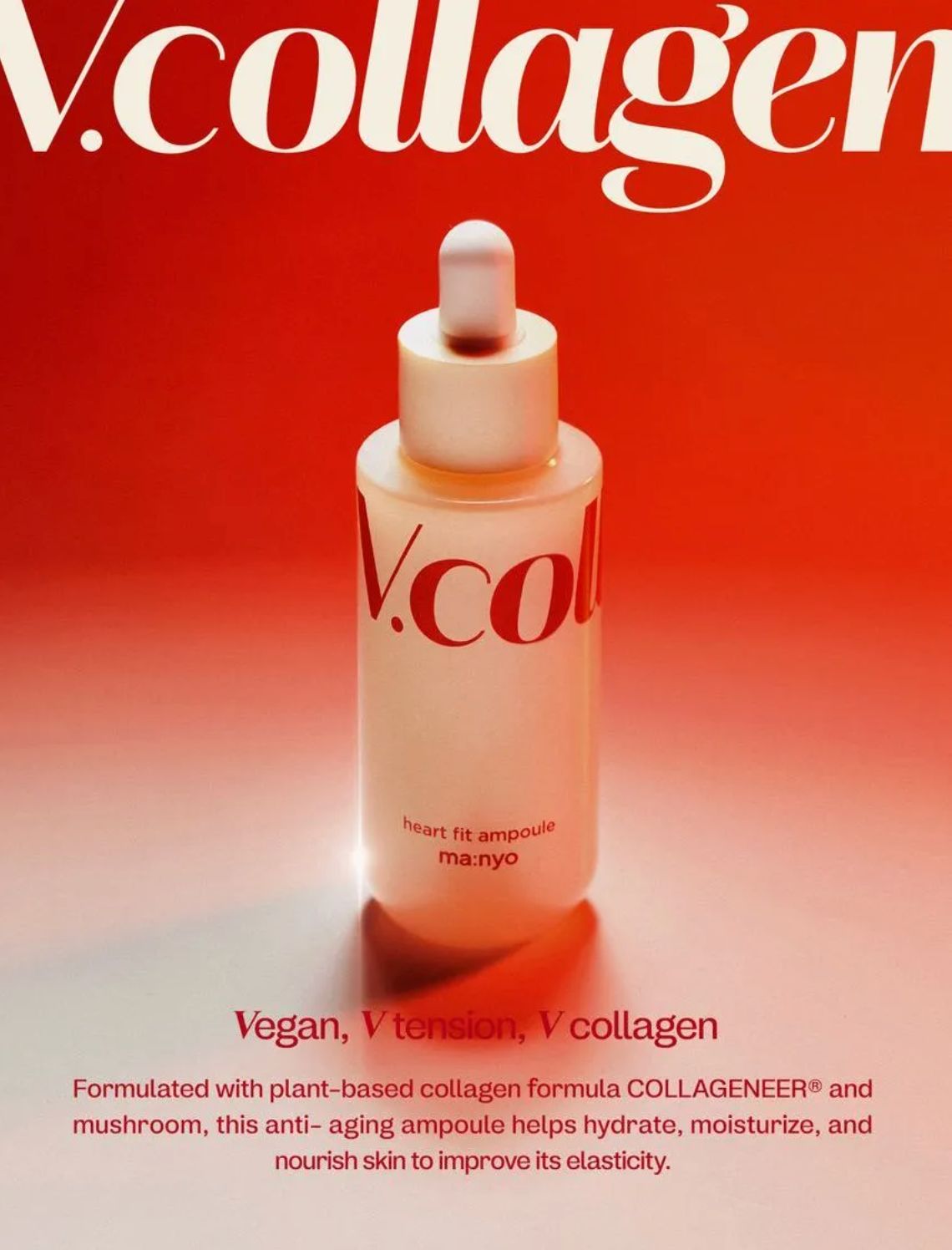 V.collagen heart fit ampoule in a frosted white bottle with a white dropper cap, set against a vibrant red-to-orange gradient background with white and red text.