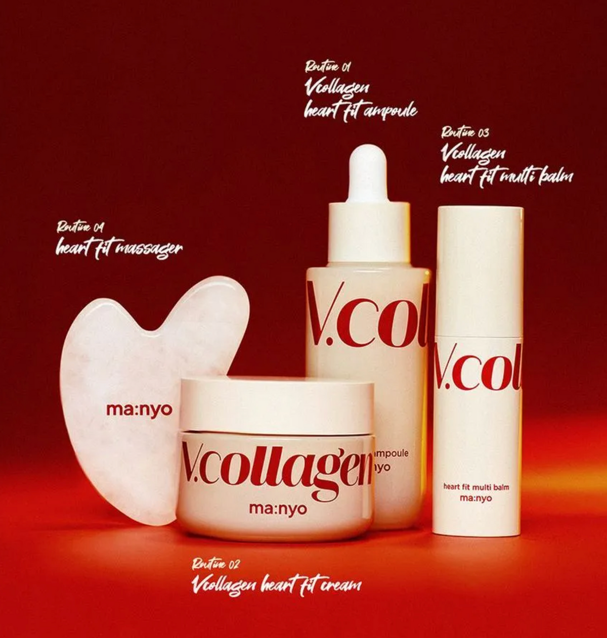 A set of four ma:nyo V.collagen beauty products arranged on a red gradient background.