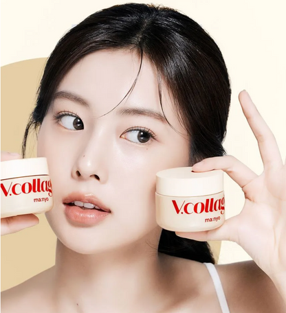 A close-up of a woman holding two cream-colored cosmetic jars branded 'V.collage' and 'ma:nyo' against a soft beige background.