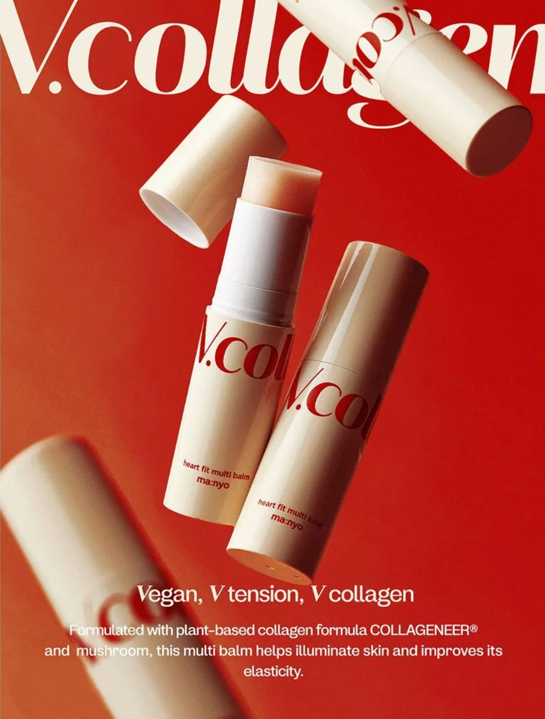 V.collagen heart-shaped multi-balm tubes arranged on a bold red background, with one balm open showing its beige balm stick.