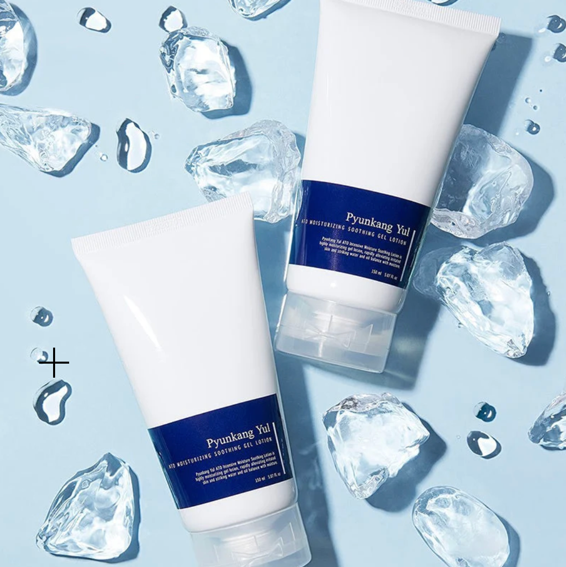 Two white skincare tubes with dark blue labels reading 'Pyunkang Yul' arranged on a light blue background with scattered clear ice cubes and water droplets.