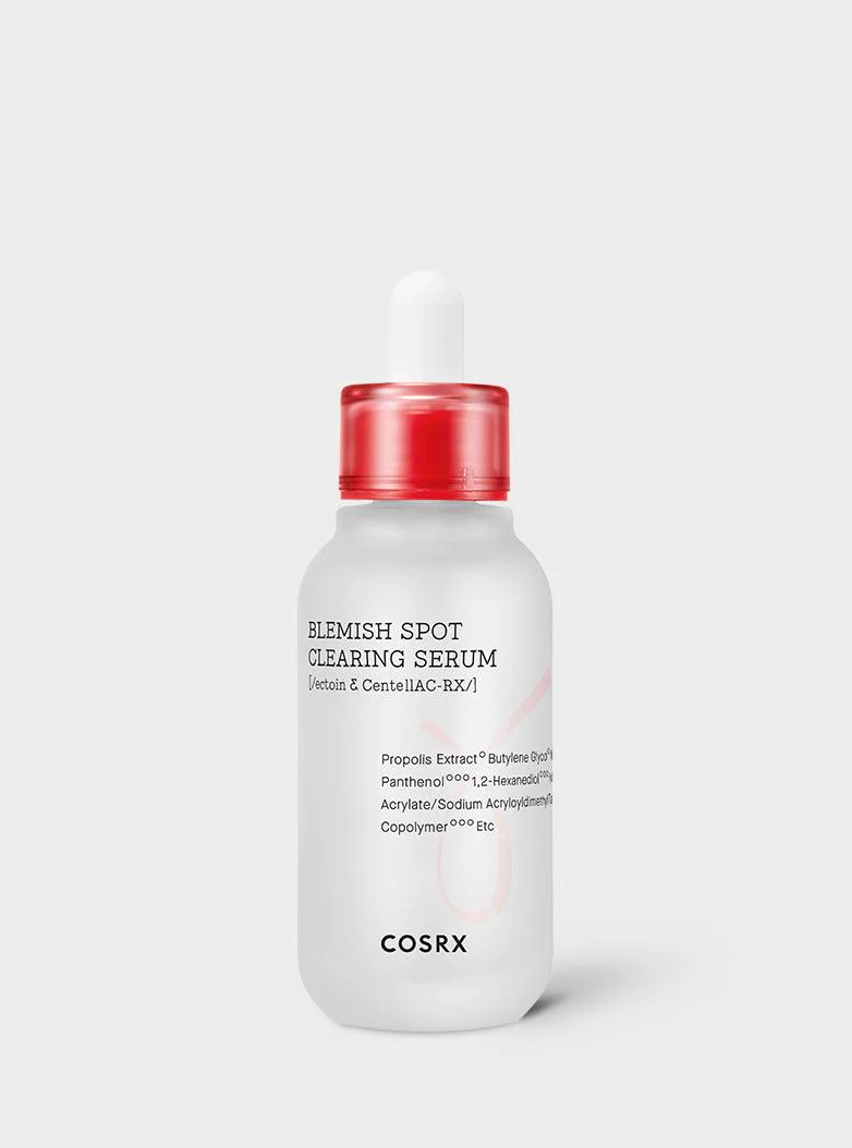 A white bottle with a dropper top containing 40ml of Cosrx AC Collection Blemish Spot Clearing Serum, a lightweight, oil-free serum designed to target blemishes and promote clear skin for those with acne-prone skin.