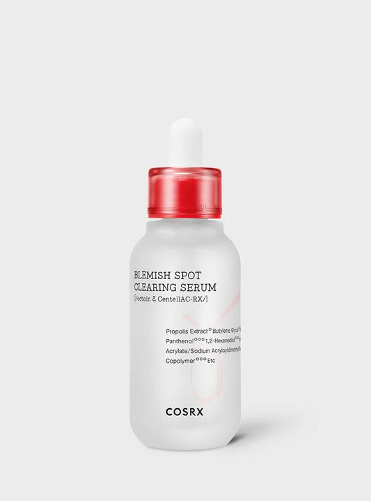 A white bottle with a dropper top containing 40ml of Cosrx AC Collection Blemish Spot Clearing Serum, a lightweight, oil-free serum designed to target blemishes and promote clear skin for those with acne-prone skin.