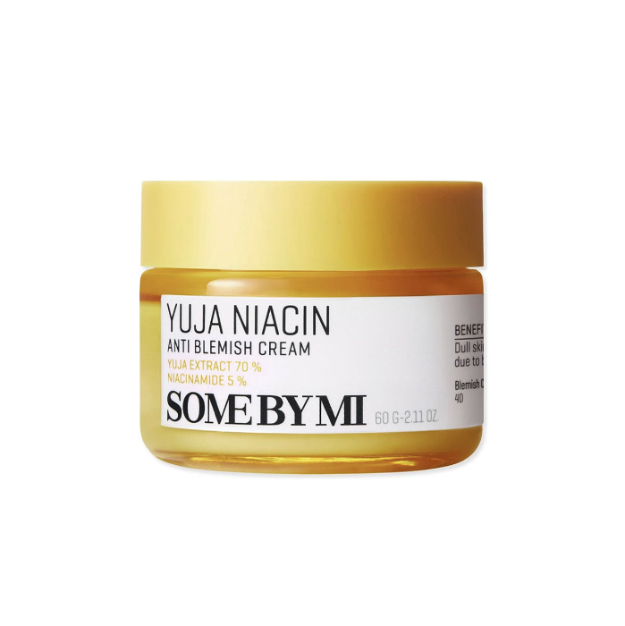 60g jar of Yuja Niacin Anti Blemish Care Cream by Somebymi, a Korean moisturizer with Yuja extract and Niacinamide for reducing blemishes and evening skin tone.