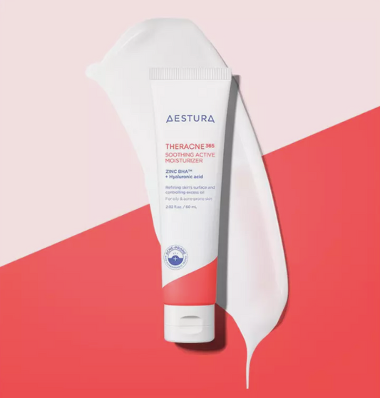 60ml white and red tube of Aestura Theracne365 Soothing Active Moisturizer, a hydrating cream for oily skin with zinc and hyaluronic acid.