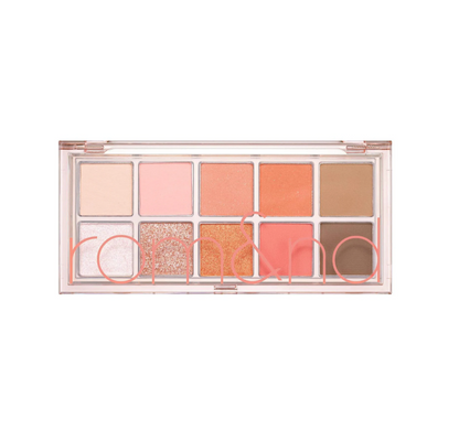 Peach Dahlia Garden eyeshadow palette from ROMAND's Energetic Bright Series, with a blend of pinks and oranges for a bright eye look.