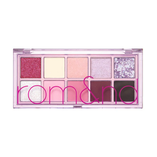 ROMAND Better Than Palette eyeshadow palette in shade #Energetic Bright 07 Berry Fuchsia Garden. Features cool-toned shimmery pinks and purples with long-lasting glitter.