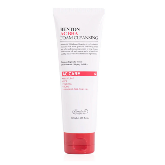 Benton AC BHA Foam Cleansing, a 120ml bottle of Korean skincare cleanser with beta hydroxy acid (BHA) for acne-prone skin.