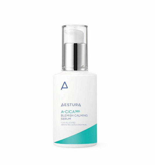 A bottle of Aestura A-Cica Blemish Calming Serum, suitable for sensitive skin on a white background