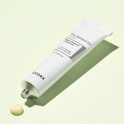 White tube of Cosrx The Retinol 0.1 Cream, a skincare product for reducing fine lines, in a 20 milliliter size