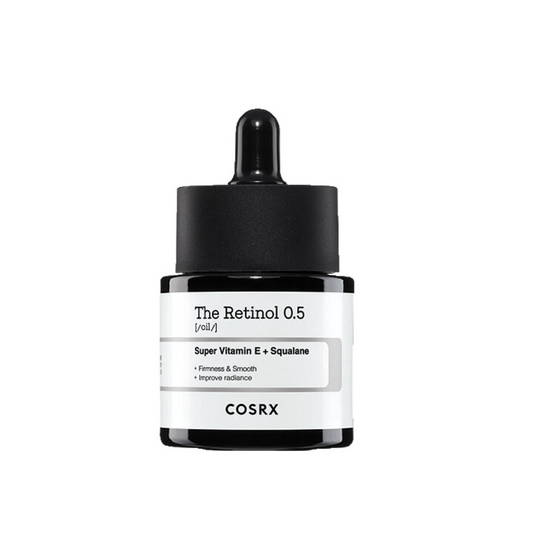 20ml bottle of Cosrx The Retinol 0.5 Oil, a skincare product with retinol to reduce wrinkles and fine lines