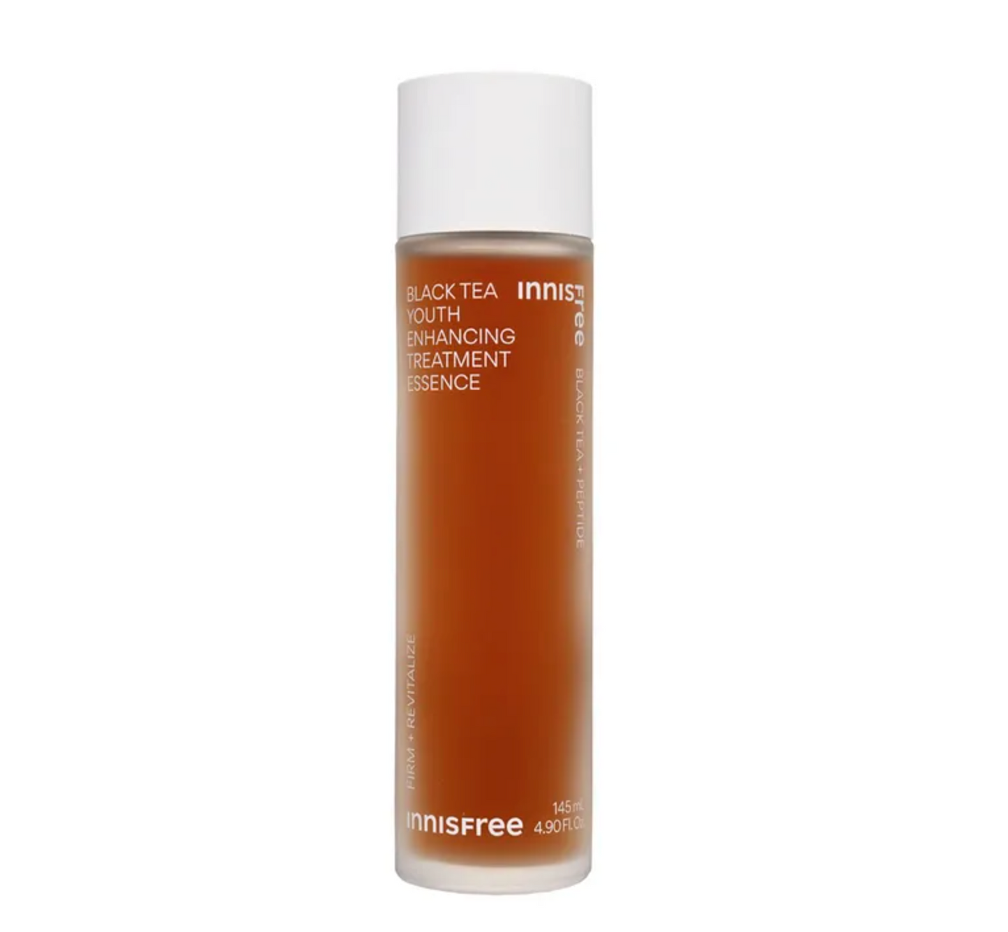 Innisfree Black Tea Youth Enhancing Treatment Essence, 145ml. Lightweight, hydrating essence with black tea extract and peptides for smoother, radiant skin. Fragrance-free, vegan, and cruelty-free.