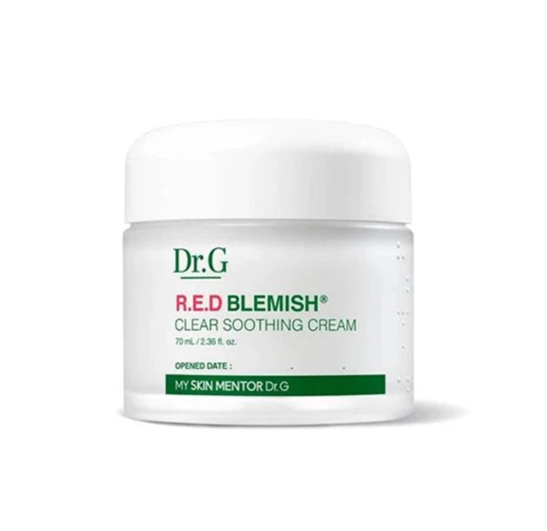 Dr.G Red Blemish Clear Soothing Cream in a 70ml tub. This Korean skincare cream calms irritated skin and promotes blemish-free complexion.