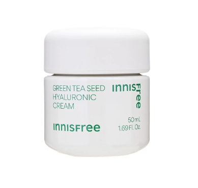 Innisfree Green Tea Hyaluronic Cream, a 50ml jar of Korean-beauty moisturizer with green tea and hyaluronic acid for hydration.