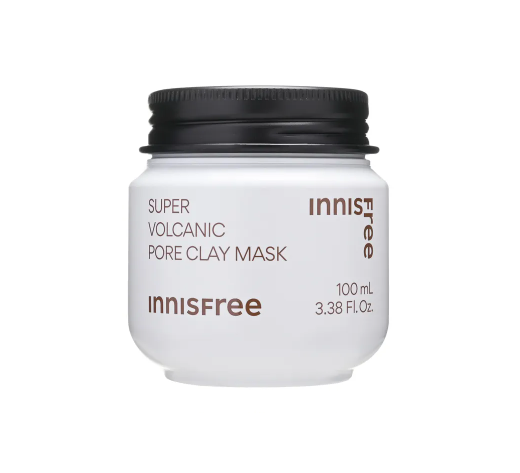 Innisfree Super Volcanic Pore Clay Mask in a 100ml tub. This clay mask is formulated with Jeju volcanic ash to absorb excess oil and minimize pores.