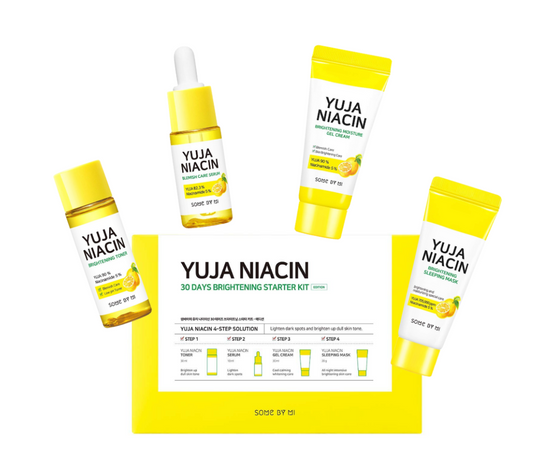 Travel-size kit containing SOME BY MI's Yuja Niacin skincare line for brightening and blemish reduction. Includes cleanser, toner, serum, and cream.