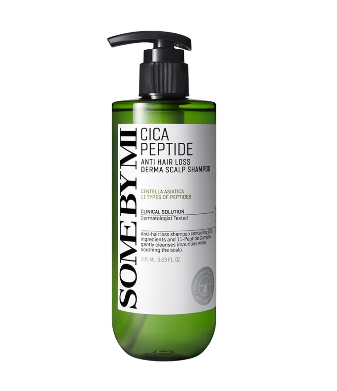 A green semi-transparent pump bottle of Some By Mi Cica Peptide Anti Hair Loss Derma Scalp Shampoo, featuring a black pump and a white label with black text, set against a plain white background.