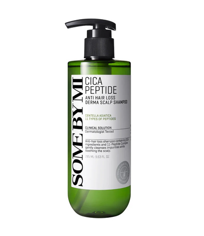 A green semi-transparent pump bottle of Some By Mi Cica Peptide Anti Hair Loss Derma Scalp Shampoo, featuring a black pump and a white label with black text, set against a plain white background.