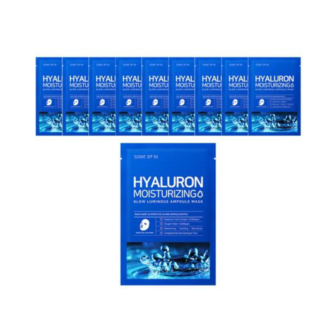 Ten blue packets of HYALURON MOISTURIZING6 Glow Luminous Ampoule Mask by Somebymi, arranged with nine small packets across the top and one larger packet below on a white background.