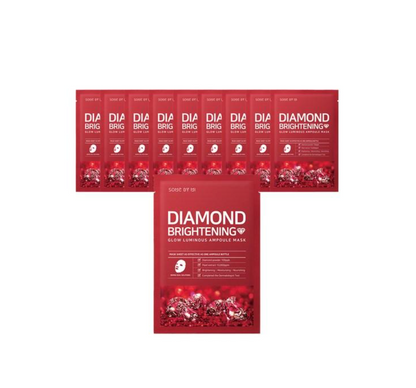 Six red sheets of SORB OF GI DIAMOND BRIGHTENING face mask patches arranged in two rows on a plain white background.