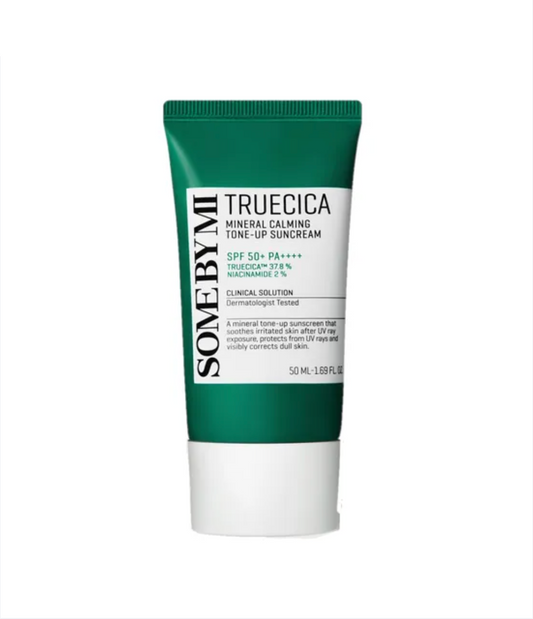 SOMEBYMI TRUECICA Mineral Calming Tone-Up Sunscreen in a 50 mL green and white squeeze tube, shown on a plain white background.