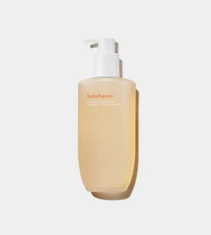 A bottle of Sulwhasoo Gentle Cleansing Foam with a white pump dispenser, filled with a pale golden-yellow liquid, set against a clean, light gray background.