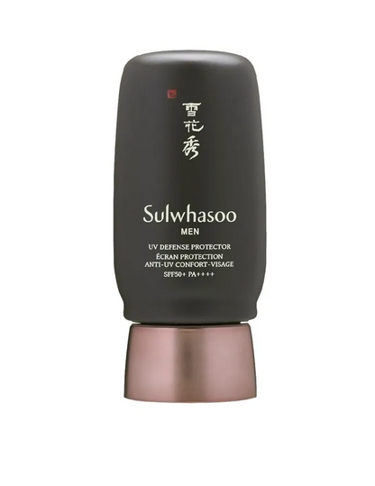 Sulwhasoo Men UV Defense Protection bottle, featuring a matte dark charcoal gray cylindrical body with white text and a metallic rose gold base, set against a plain white background.
